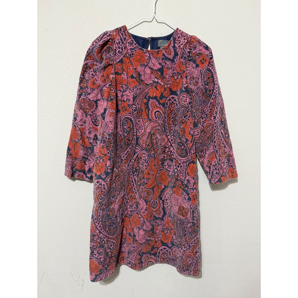 Anthropologie Corduroy Paisley Mini Dress‎ Women XS Pink Orange Puff Sleeve Boho